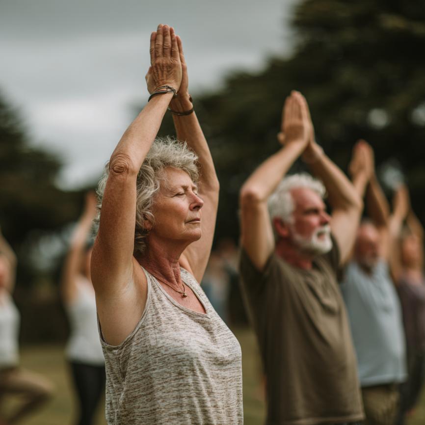 Літня жінка займається йогою