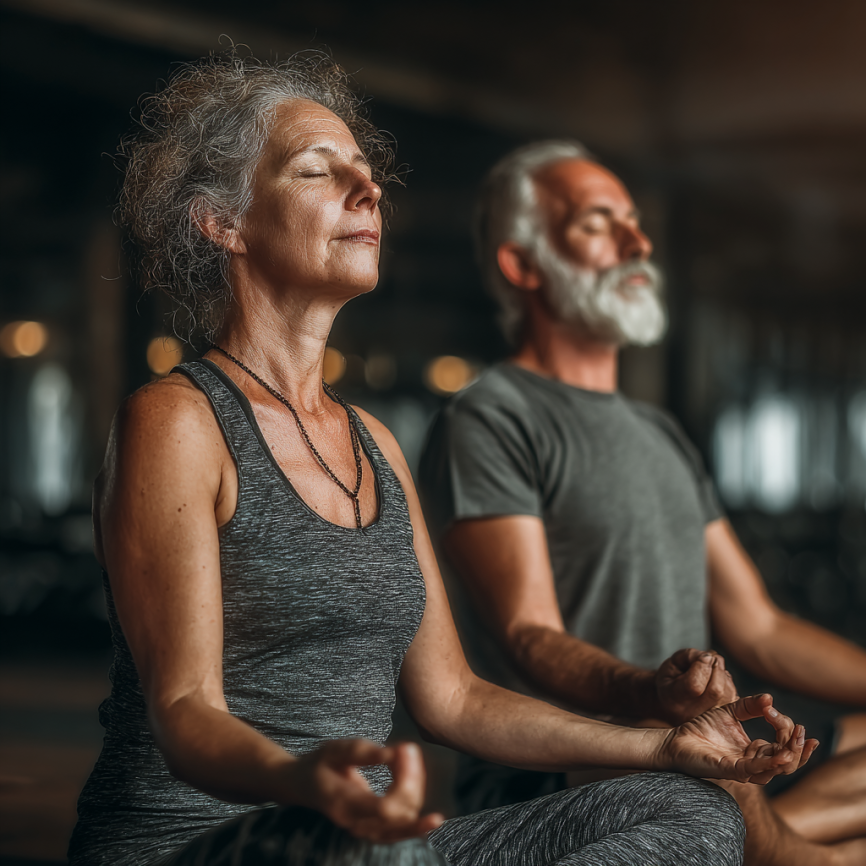 Група літніх людей займається йогою