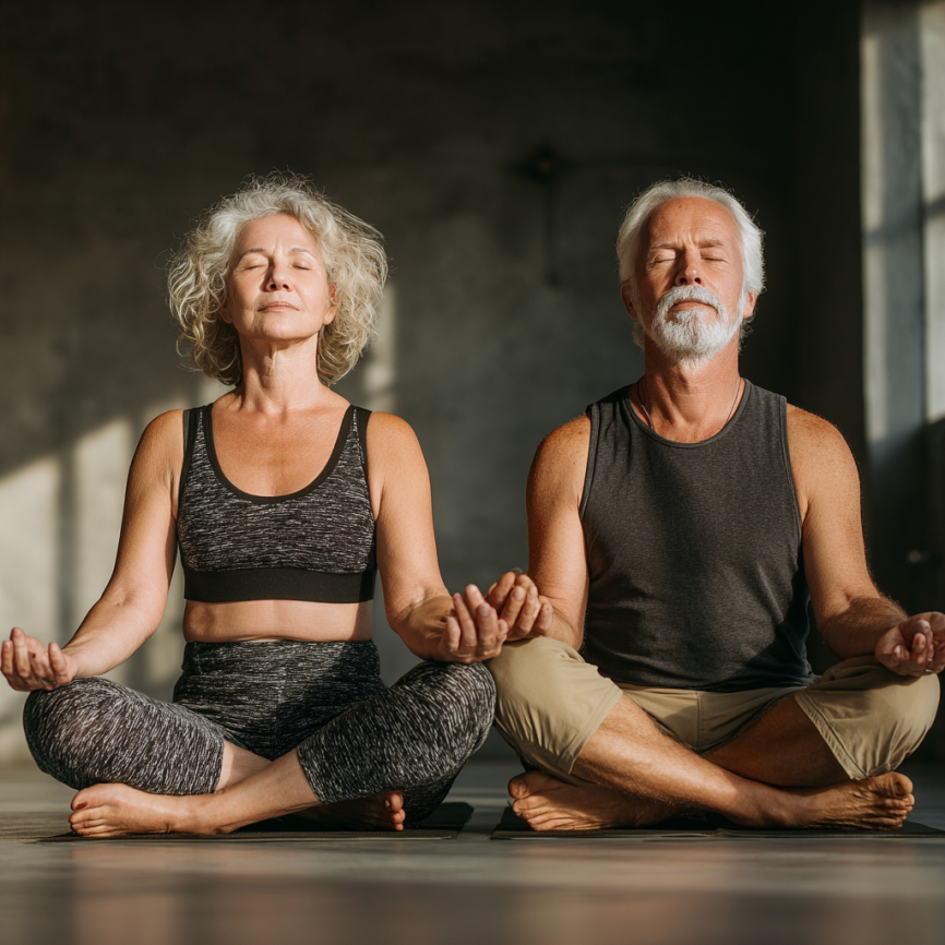 Літня людина в позі йоги